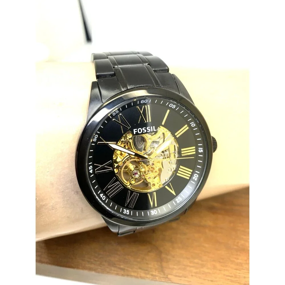 Fossil Men's Watch BQ2092 Flynn Automatic Gold Black Dial Stainless Steel 48mm